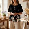 Women’s Fashion Printed Short Sleeve Cotton Linen Shirt with Henley Button Neckline and Chest Pocket for Casual Wear