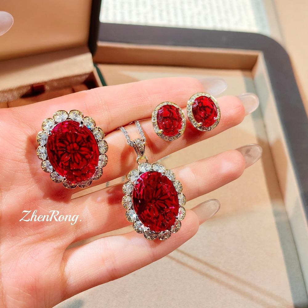 Elegant Women Jewelry Set Red Gold Necklace Purple Diamond Earrings High Carbon Ring Luxury Gemstone Gift for Her