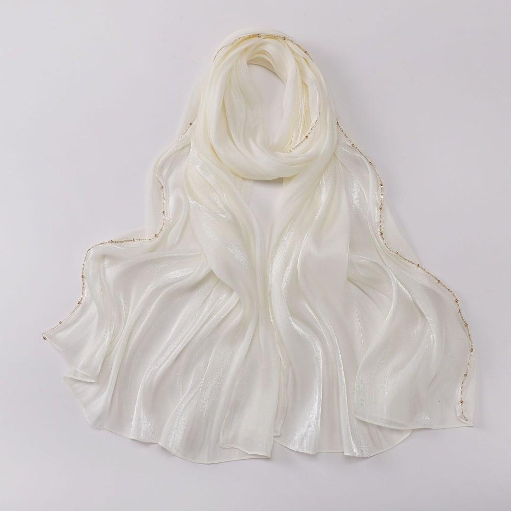 High Qulaity Solid Color Silk Scarf Unilateral golden chain Shining Sunscreen shawl Long Soft Chiffon Hijab Veil Outdoor