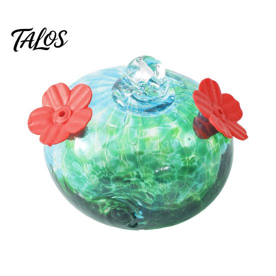 Talos Blown Glass Hummingbird Feeder, Outdoor Hanging Colorful Nectar Feeder with Two Flower Feeding Ports for Garden Backyard Decor