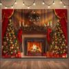 Christmas Winter Background Vintage fireplace Party Decoration Children's Photo Studio Supplies Xmas Tree Lanterns Snowy Scenery