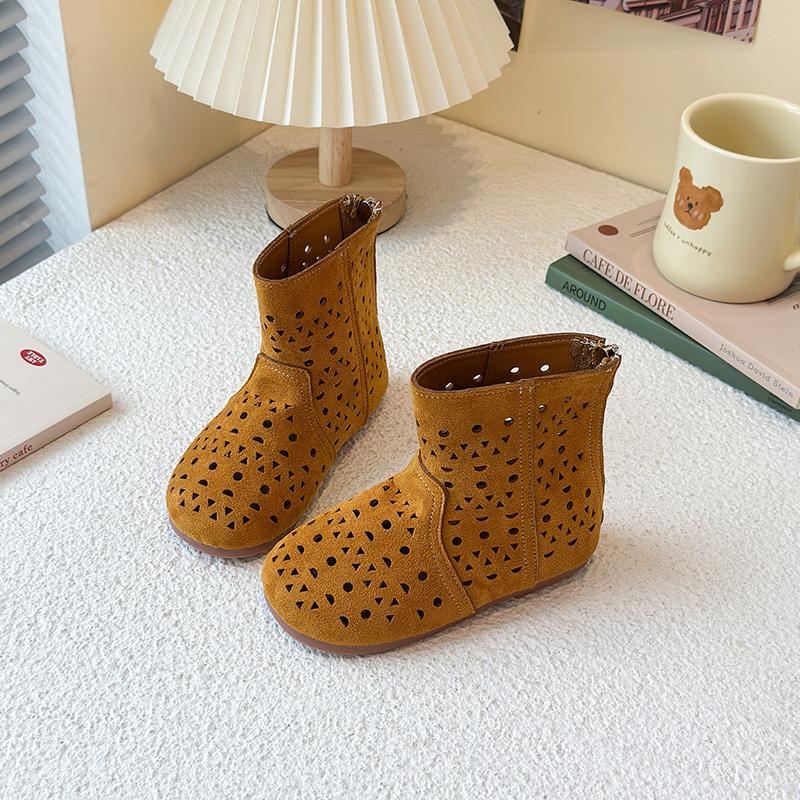 Kids Summer Autumn Boots Retro Soild Color Boys Girls Short Boots Hollowed-out 2025 Brand New Children Leather Boots Back Zipper