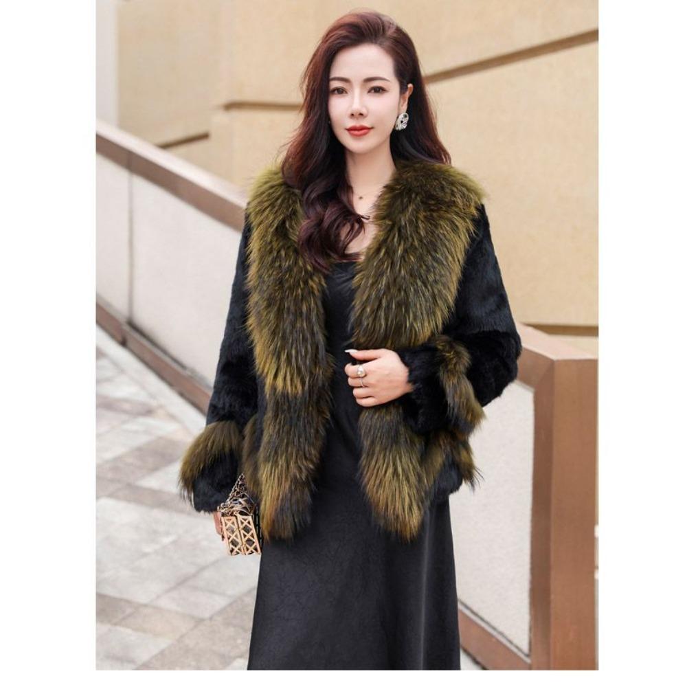 Fur Mid-length Whole Leather Rabbit Fur Coat White Goose Down Lining Raccoon Fur Collar New Autumn and Winter Coat