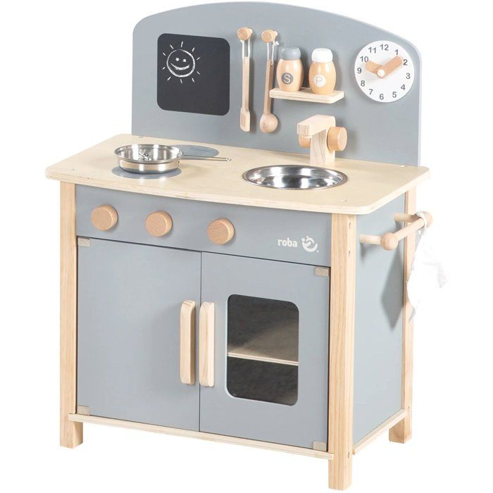 Cuisine enfant en bois - ROBA - Avec plaque de cuisson, four, évier, accessoires et horloge - Gris / Naturel