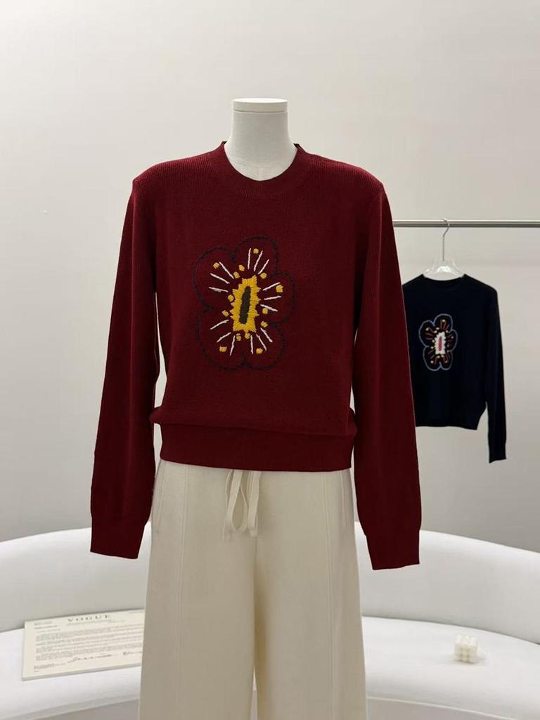 Women's Winter Red Retro Crochet Floral Wool Sweater