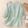 Retro Embroidered Shirt for Women's Summer V-neck Slimming and Simple Tops Solid Color Short Sleeve Blouse Ladies Sweet Loose Casual Clothing