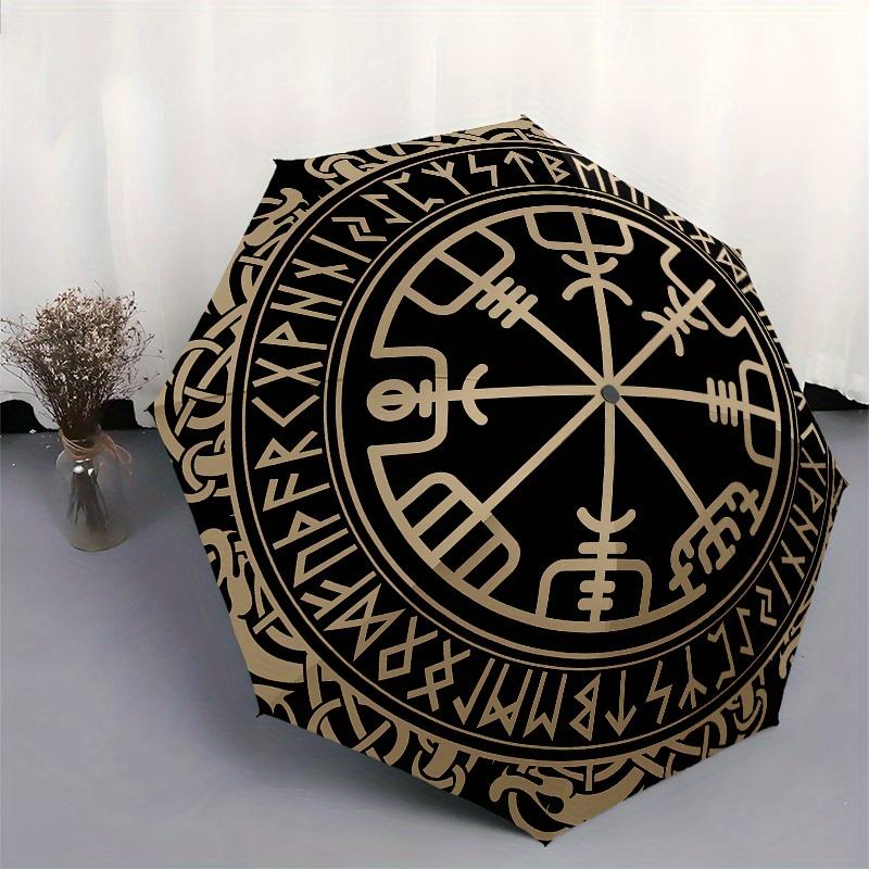 Wikinger Kompass Vegvisir Nordisches Symbol Wandteppich Wandbehang Dekor Schirm, Niedlicher Schirm mit Niedlichem Design, Tragbarer 3-Fach Kompakter Schirm für Männer &