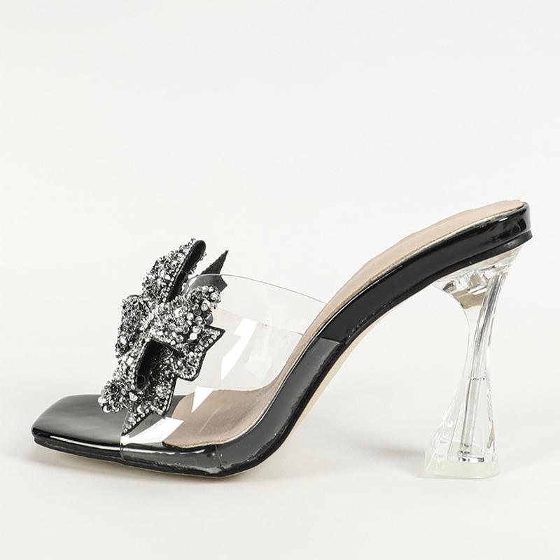 Fashion Silver Sequined Butterfly Knot Women Transparent Slippers Summer Square Toe Clear High Heels Sandals Female Shoes