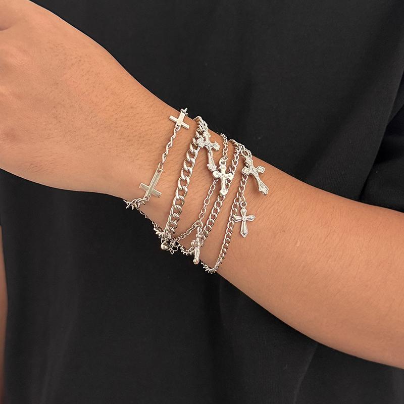 Y2K Stacking Cross Bracelet Set For Men Vintage Multilayer Charm Chain Bracelets Hip Hop Jewelry