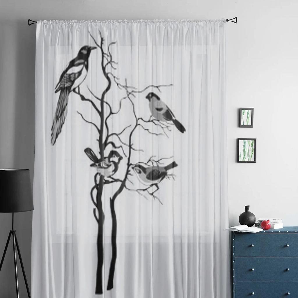 Bird On Branch Sheer Curtains For Bedroom Living Room Tulle Curtains For Kitchen Window Voile Curtains