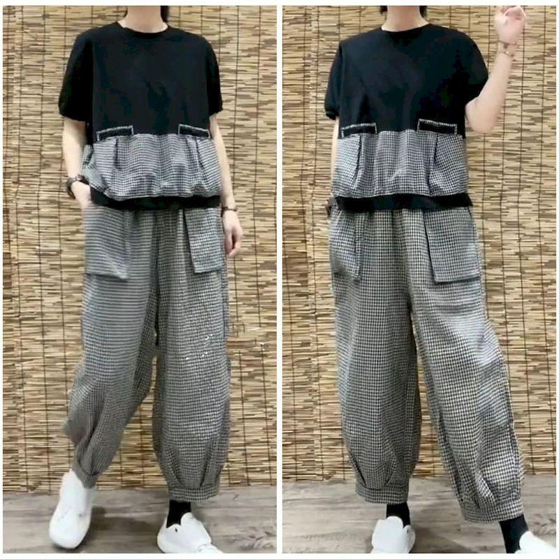 Sommer Trend T-Shirts Sets Damen Koreanischer Stil Persönlichkeit Tasche Kariert Kurzarm T-Shirt Lässige Hose Baggy Hose 2-teiliges Set