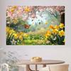 2D Misty Spring Forest Tapestry, Cherry Blossom Canopy & Wildflowers Wall Decor