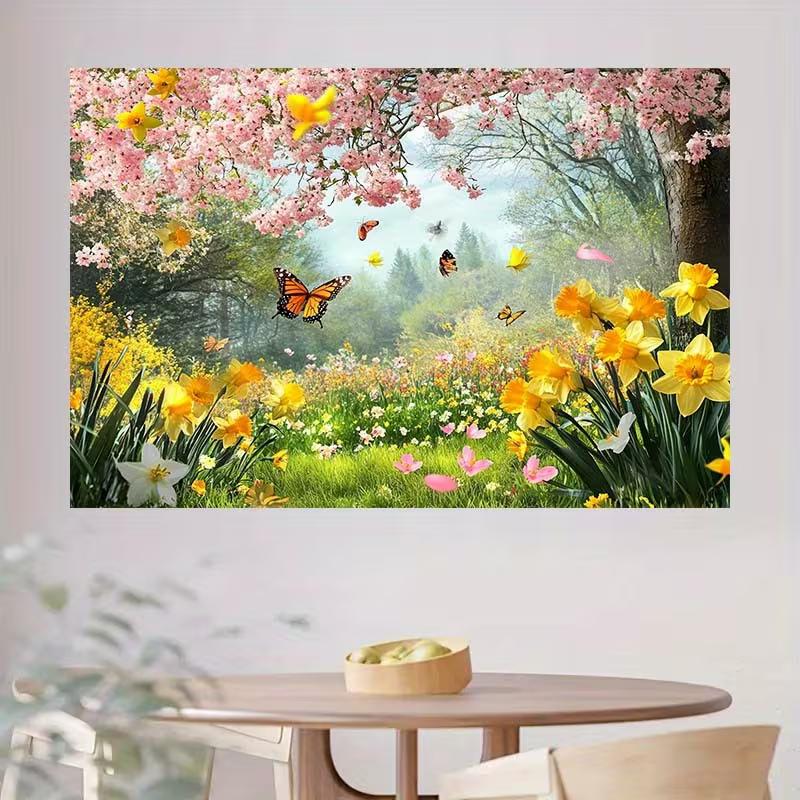 2D Misty Spring Forest Tapestry, Cherry Blossom Canopy & Wildflowers Wall Decor