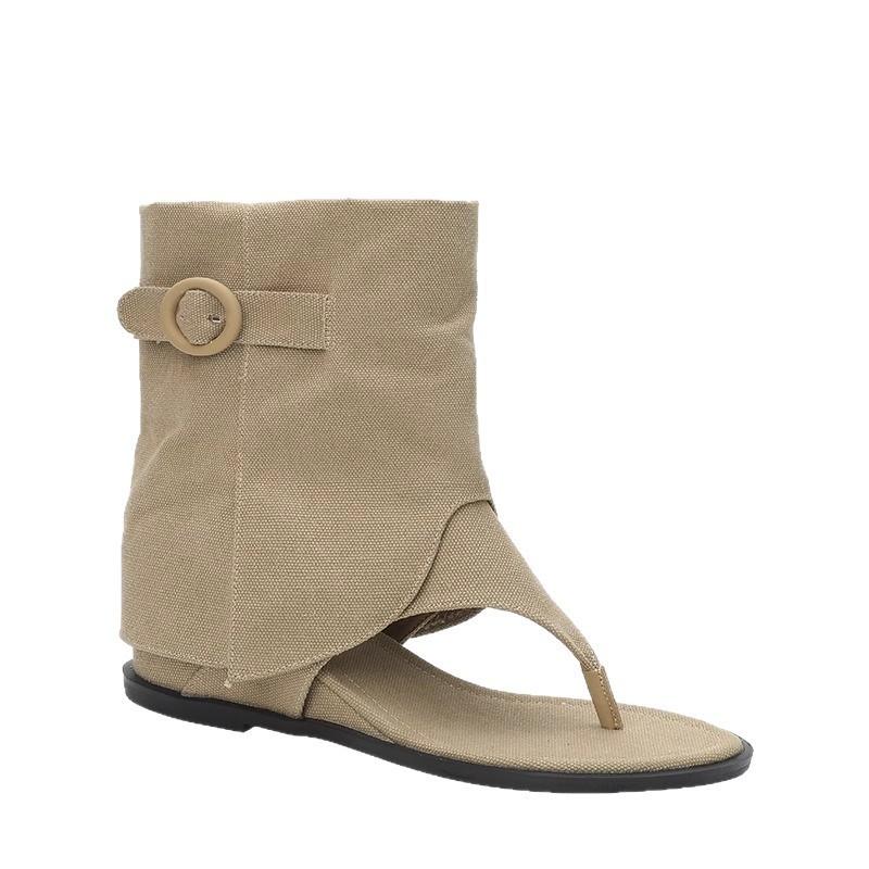 Korean Belt Buckle Sleeve Toe Flip-flops Shoes 2025 Spring and Summer New Casual Flat-bottomed Short Trousers Cool Boots Women