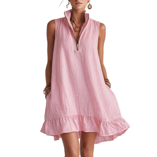 Women s Sleeveless Mini Dress Collar Ruffle A-line Half Zipper Stand Dress Summer Casual 3XL розовый