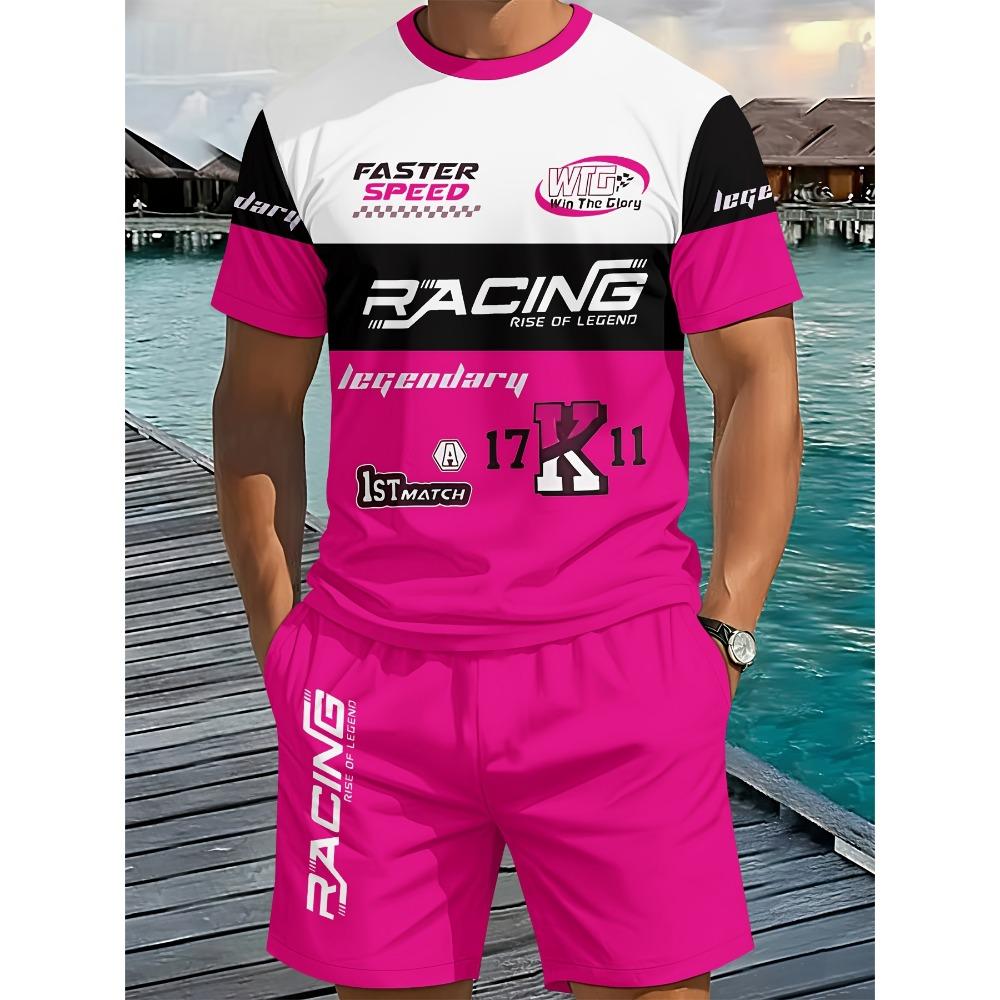 

Men S 3D Digital Printing Crew Neck Short Sleeve Set - Racing Color Block Two-Piece Set XL