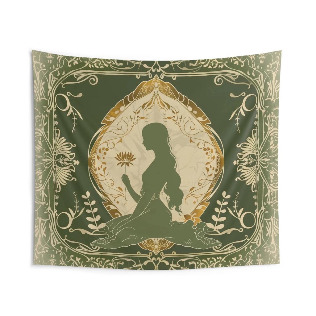 Peach Skin Tapestry Green Gold Vintage Woman Silhouette Lotus Floral Wall Hanging Boho Yoga Room Decor for Bedroom Living Room