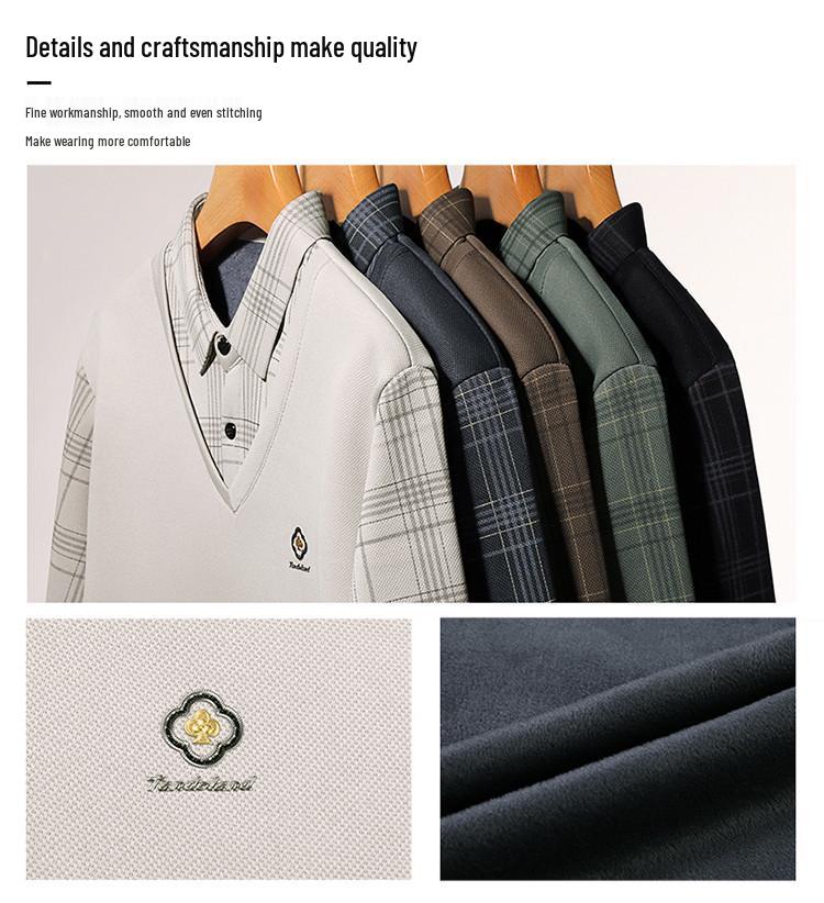 Men's Autumn/Winter Faux Two-Piece Fleece Polo Base Layer Shirt