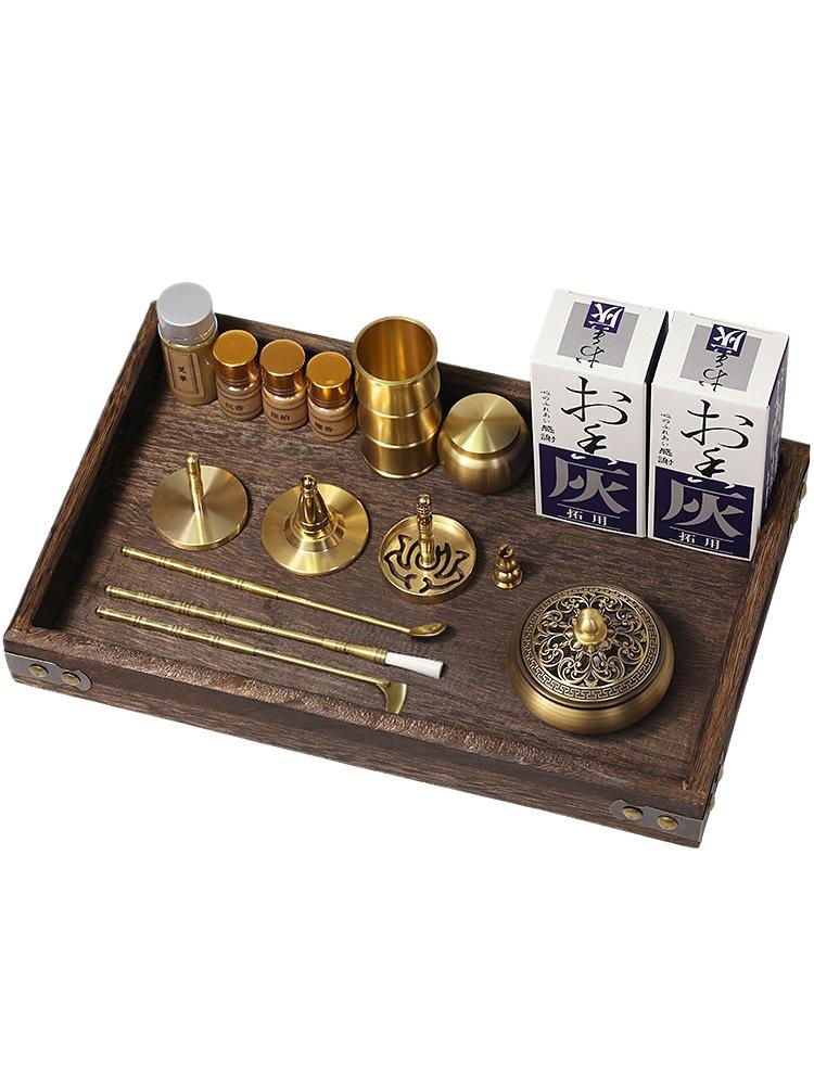 Brass Incense Ceremony Set: Seal Tools, Ash Press, Incense Powder, Burner, Shovel, Spoon, Stamp.