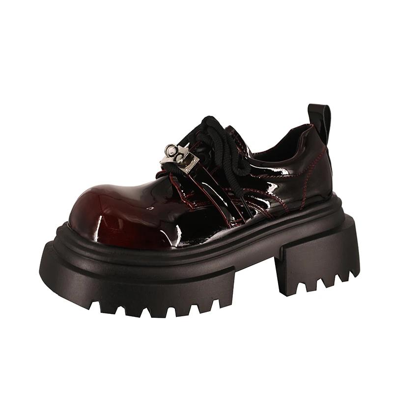 

Fashion Women s Loafers Platform Sole Lace-up Sponge Cake Base Small Leather Shoes Dress Leisure Retro British Style Zapatillas De Mujer 35