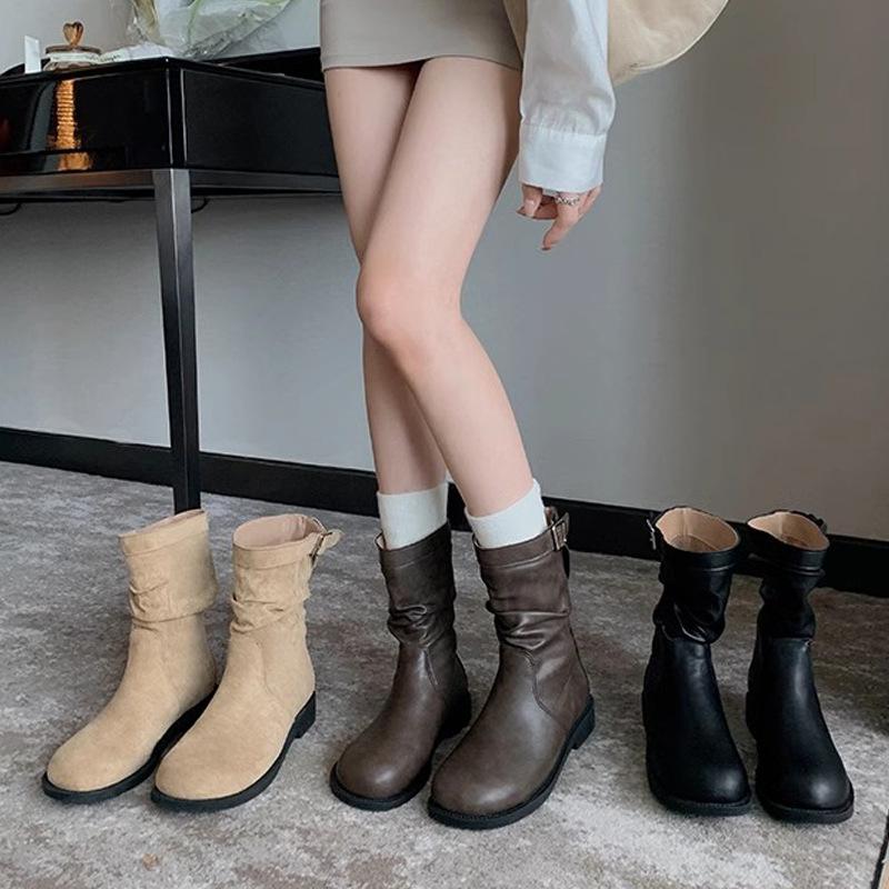 New spot retro simple and thin low-heeled Martin boots women's 2025 new autumn and winter niche all-match buckle locomotive