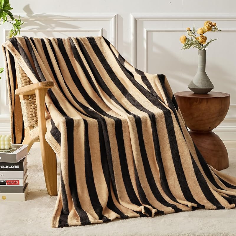 FY FIBER HOUSE Striped Flannel Throw Blanket - Soft Cozy Striped Blanket for Couch, Sofa, or Bed - 50"x60", Black Brown, All Season Use