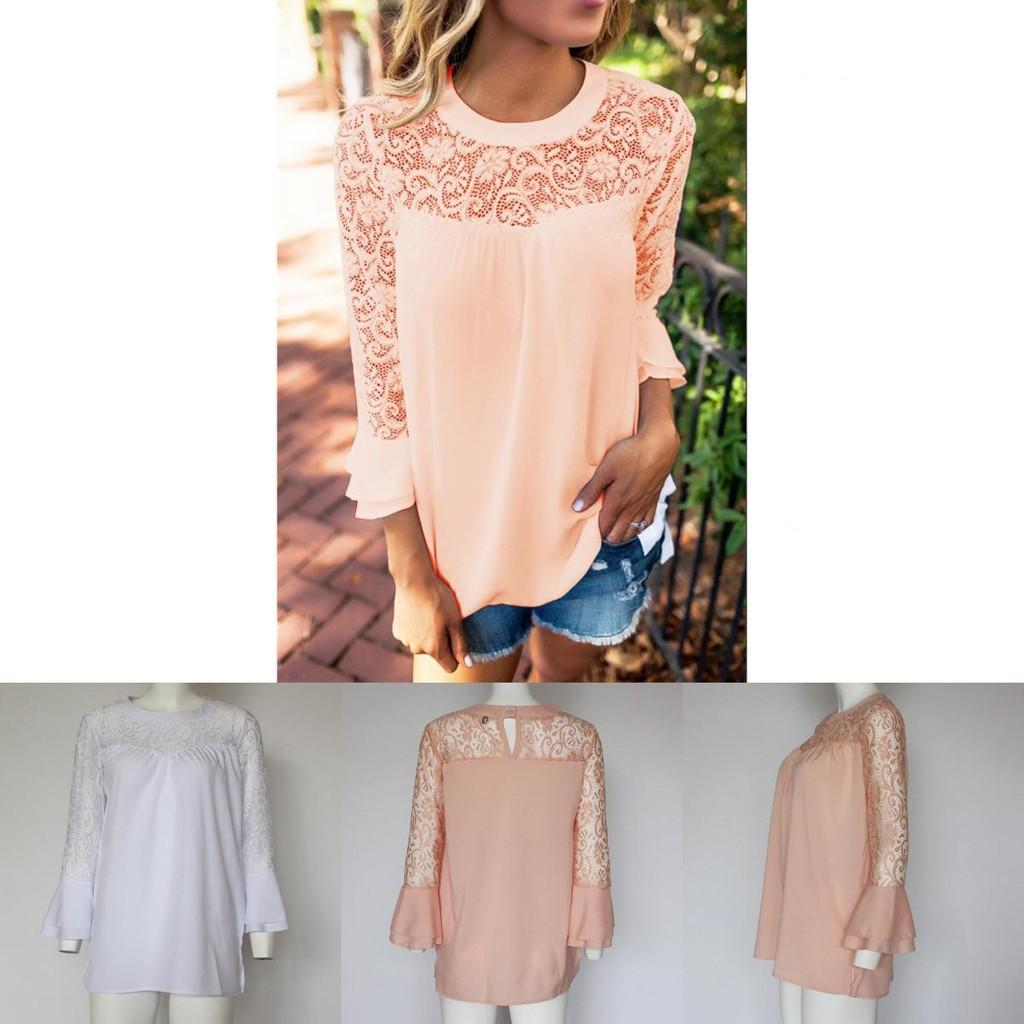 Elegant Chiffon Lace Blouse Loose Fit Pullover Long Sleeve T-shirt For Women