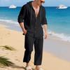 Men's 2,Piece Linen Hooded Shirt Set | Loose Fit Breathable Beach Casual Pants For Daily & Vacation Wear