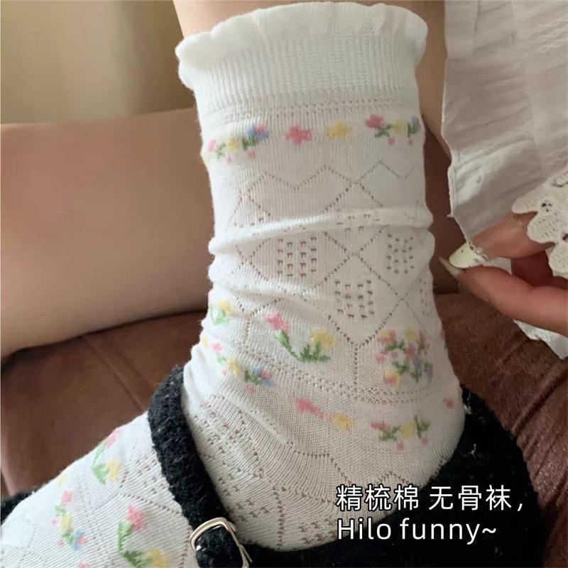 Retro Floral Socks with Children's Hollowed-out Mesh Pattern, Transparent and Soft Mid-length Pile Socks