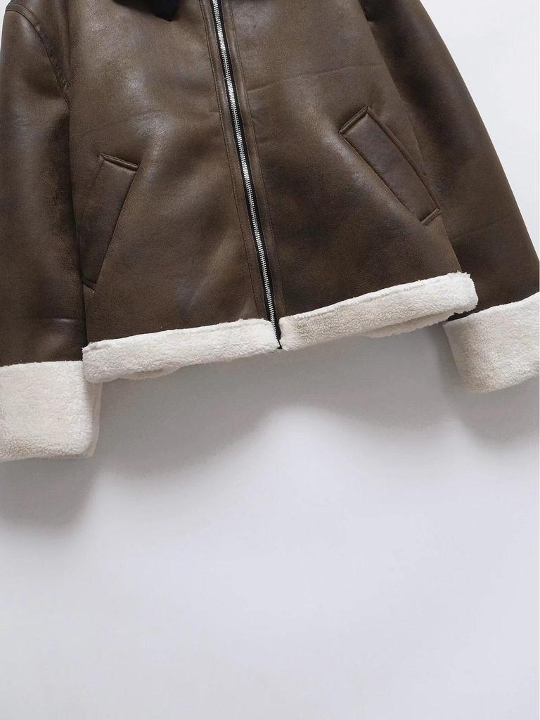 Women's Winter Shearling Suede Double-Sided Jacket with Turn-Down Collar