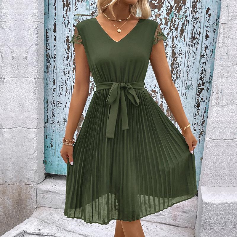 VEZFAA Kvinnemote Sommer Våren Ensfarget Print Kortermet V-hals Høy midje Uformelle kjoler