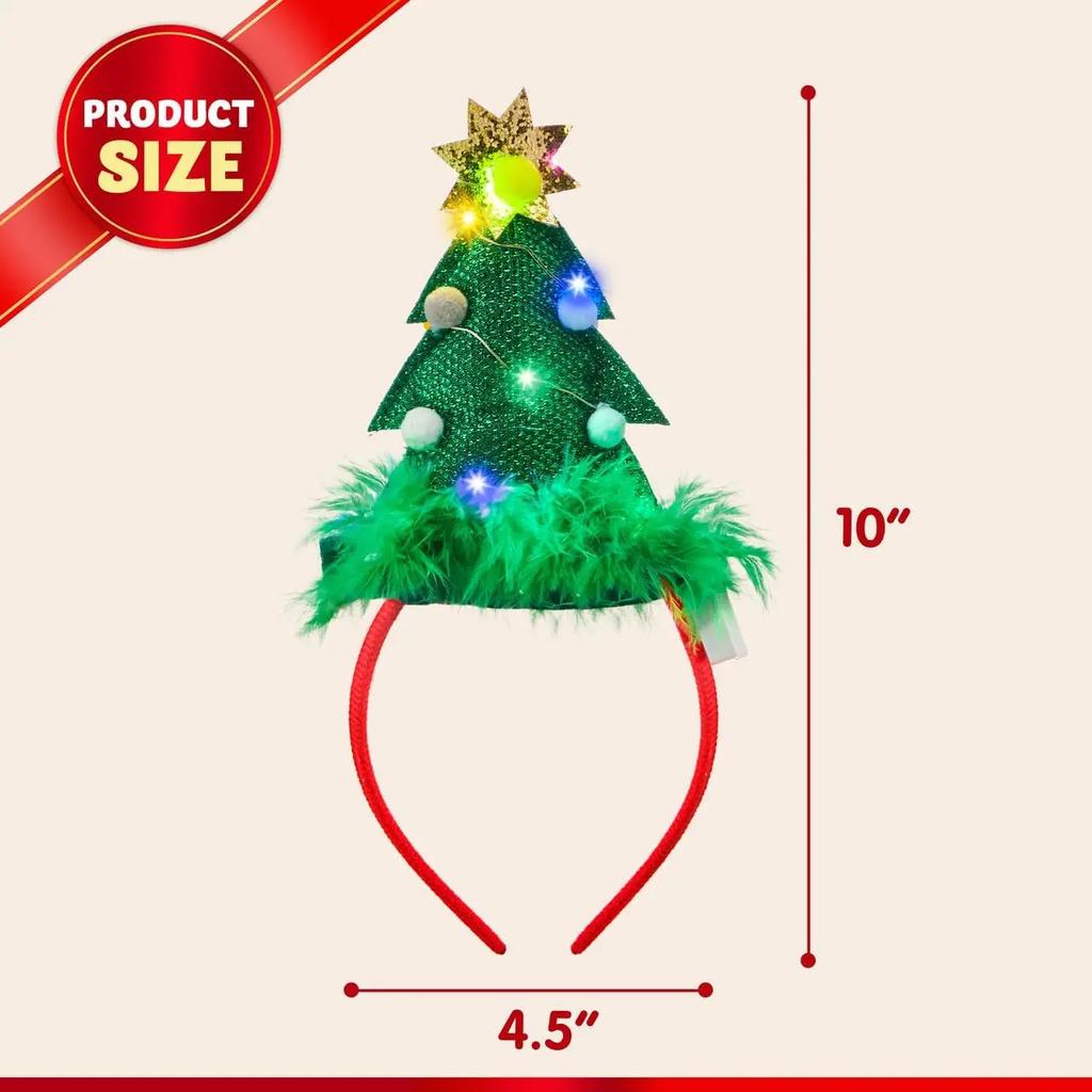 JOYFY 2 PCS Lighted Christmas Headbands with LED Lights In Springy Santa Hat Tree Designs for Christmas and Holiday Parties