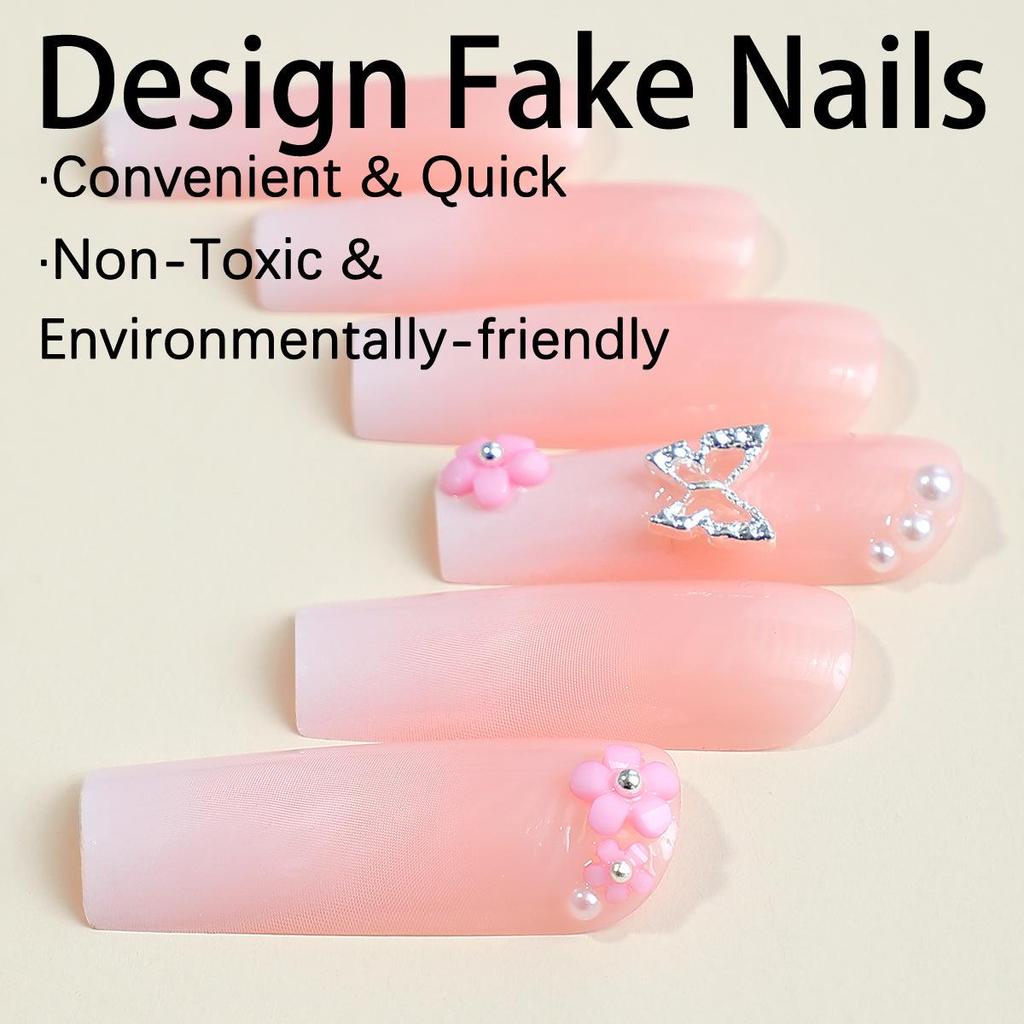 24-Piece Gradient Long Coffin Nail Set with Flower, Rhinestone, Butterfly, and Pearl Designs