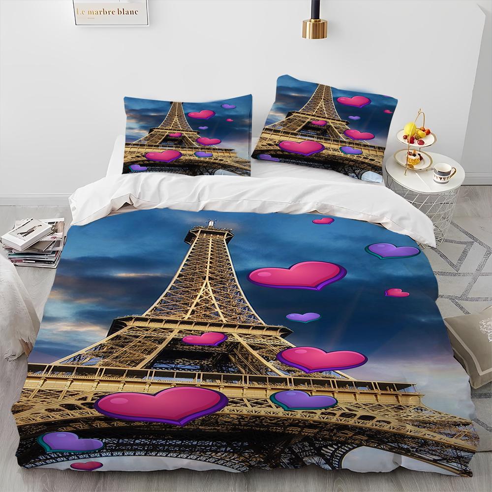 France Paris Eiffel Tower Romantic Comforter Bedding Set,Duvet Cover Bed Set Quilt Cover Pillowcase,King Queen Size Bedding Set