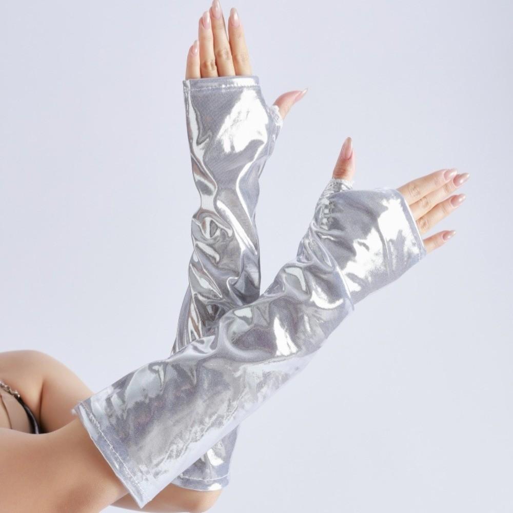 Over-the-Knee Metallic Socks Elastic Slimming Cyberpunk Stockings Silver Black Reflective Patent Leather Style Sleeves Unisex