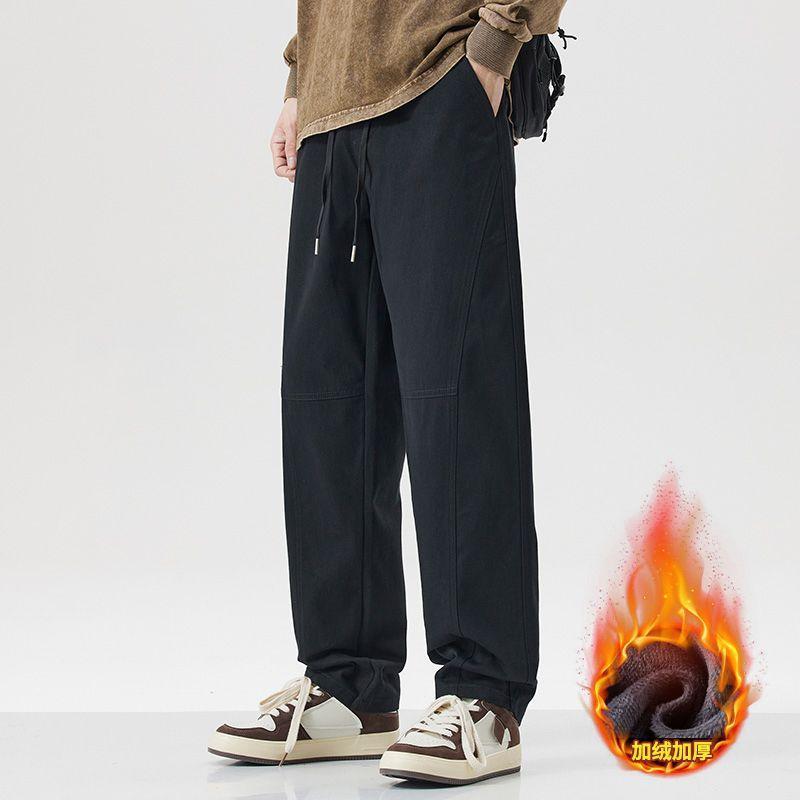 Pure Cotton Casual Pants Men's Loose Straight Autumn and Winter New Velvet Thickened American Trendy Brand Outdoor Tooling Trousers