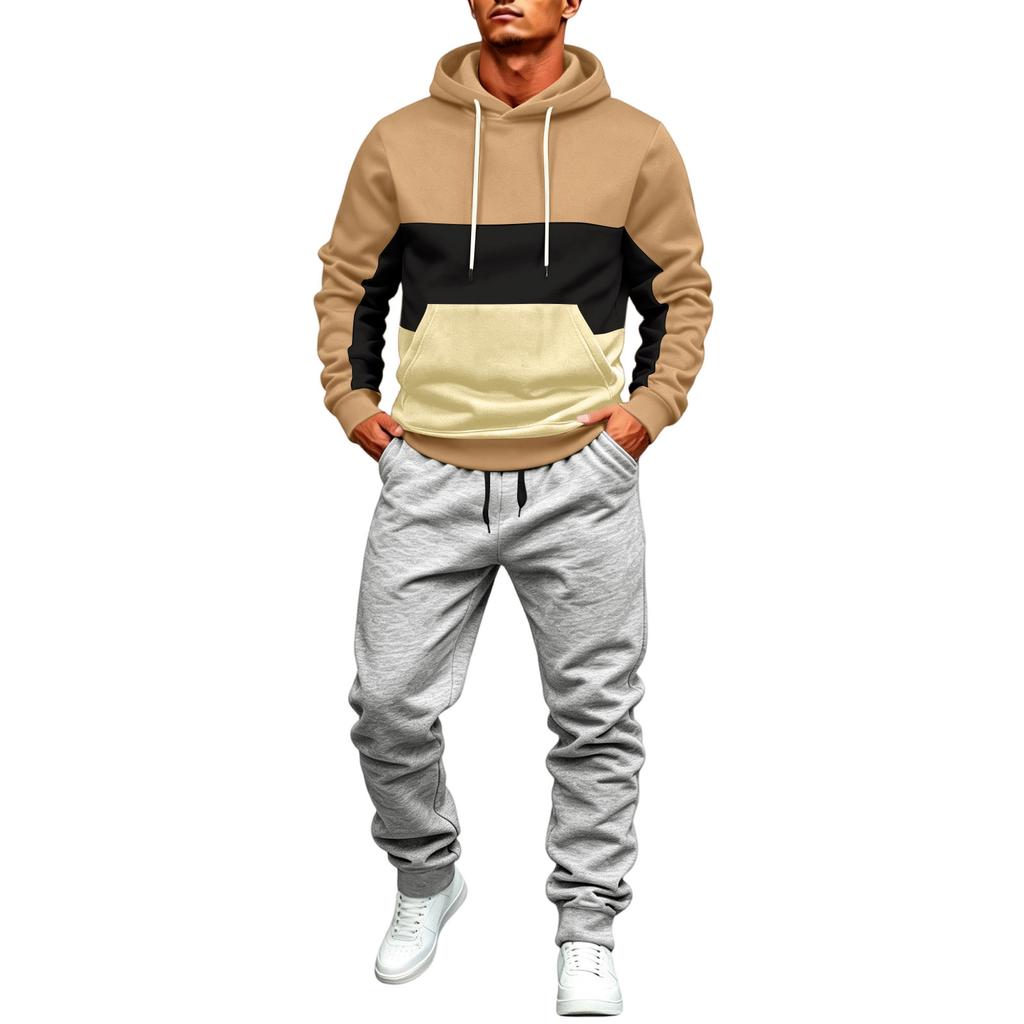 Men's Color Block Hoodie and Jogger Pants Set - Casual Winter Tracksuit