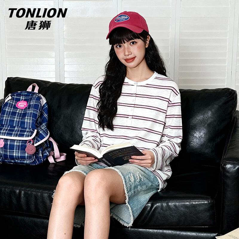 TonLion Women s Long Sleeve Striped Henley T-shirt XL