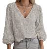 Women Floral Embroidered Mesh Blouse V Neck Long Sleeve Top Elegant Casual Lace Up Front Tops