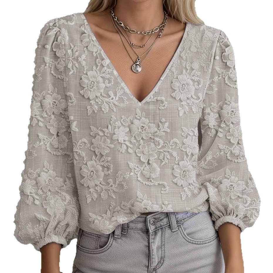 Women Floral Embroidered Mesh Blouse V Neck Long Sleeve Top Elegant Casual Lace Up Front Tops
