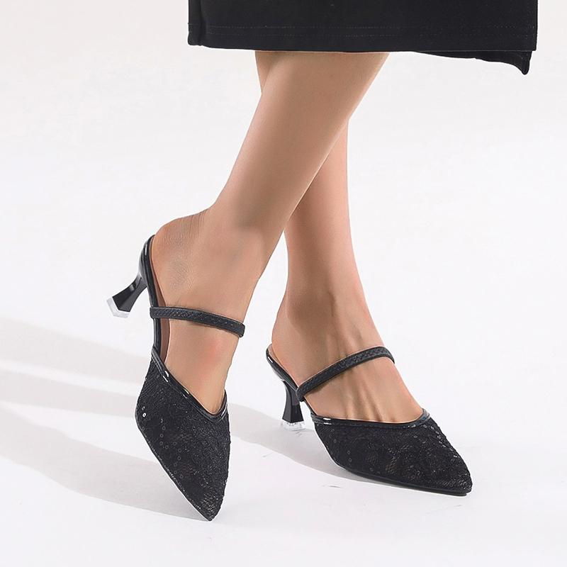 Fashion Baotou Fine Heel Slippers Women's Summer New Pointed Toe Shallow Mouth Embroidered Mesh Yarn Non-slip Wear-resistant High Heels
