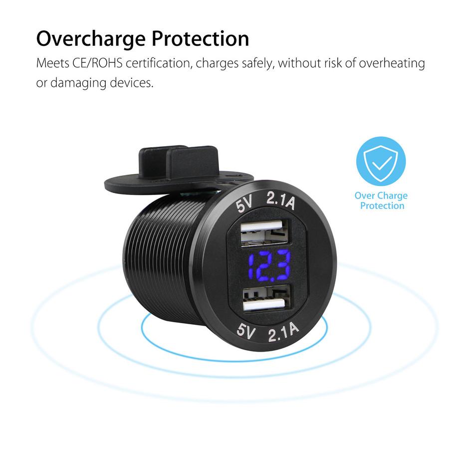 12V 4.2A 21W Car Dual Port USB Charger Socket LED Digital Voltmeter Waterproof