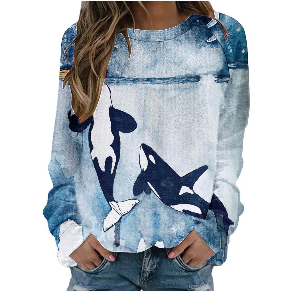 Autumn Round Neck Blue Women's T-shirt Loose Fitting Pullover Long Sleeved Whale 3D Printed Sweatshirt