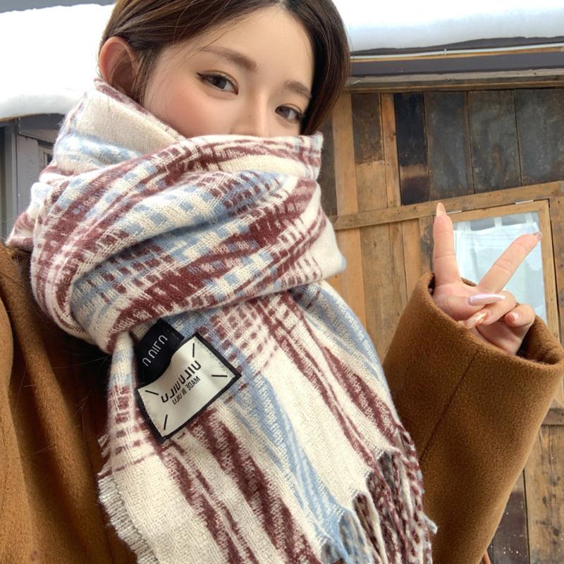 Women Retro Plaid Knitted Scarf Headscarf Ladies Casual Sweet Tassel Warm Scarve Mujer Wrap Shawl Student Young Girl New Winter