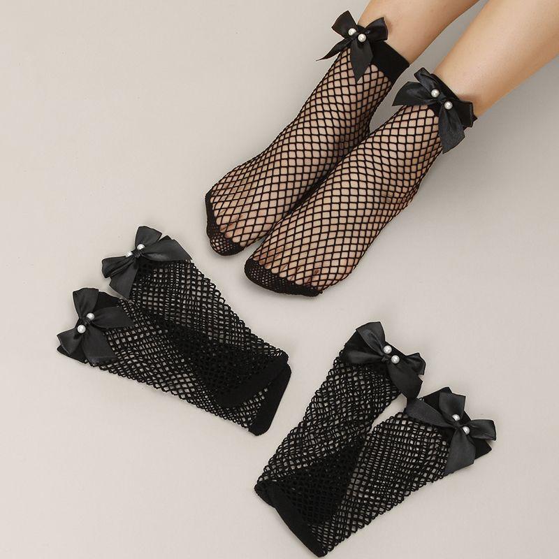 Hollow Out Black Mesh Socks with Bow Pearl Lace Mid Tube Socks Women's Short Stockings
