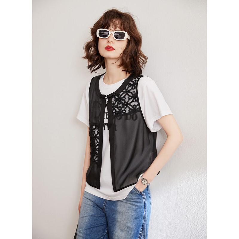 Women's 3D Floral Chiffon Vest with Frog Buttons