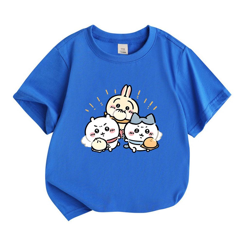 Kids Boys Girls 100% Cotton Crew Neck Short Sleeve T-Shirt, Cute Chibi Cartoon Three Friends Print Casual Soft Breathable Tee for Daily Play Wear, Lov