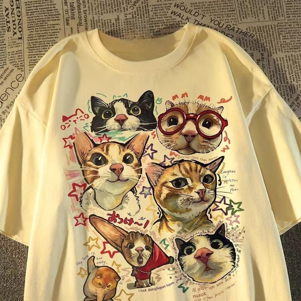 2026 New Street Art Cartoon Cat Collection Printed Plus Size Mens and Womens Cotton Short Sleeve Loose Crew Neck TShirts