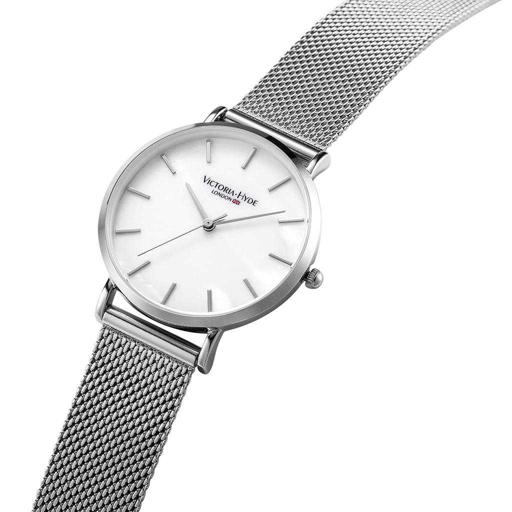 VICTORIA HYDE Uhrenarmband-Set, einfache Quarzuhr, wasserdicht, Edelstahl-Mesh-Band, abnehmbar, modische Uhr, Geschenk für Damen (Grau)