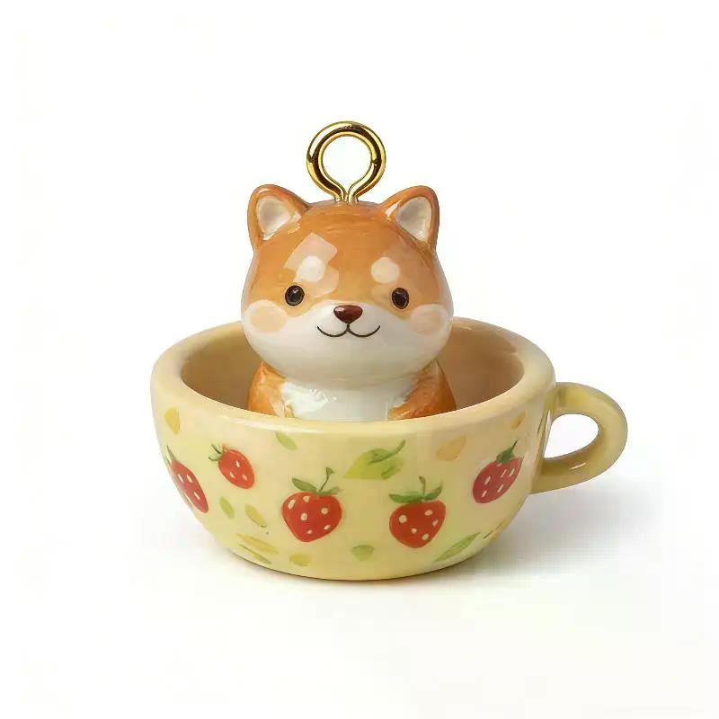 Aesthetic 3D Animal in Tea Cup Pendant Necklace Cute Rabbit Kitten Charms Creative DIY Jewelry Set Birthday Gift for Students